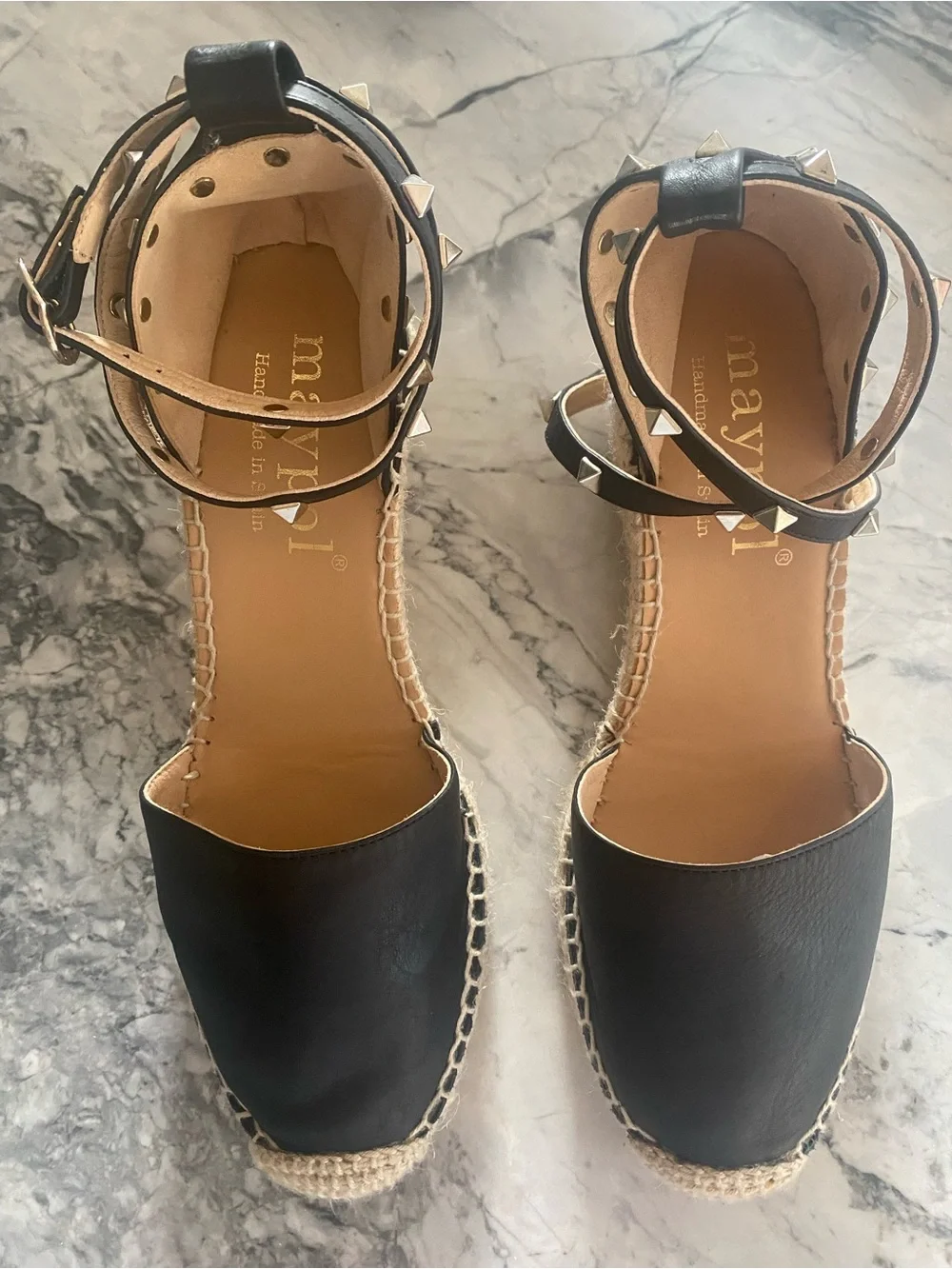 New Made in Spain Black Leather May Pol Espadrille Ankle- studded Wrap Wedges- 3